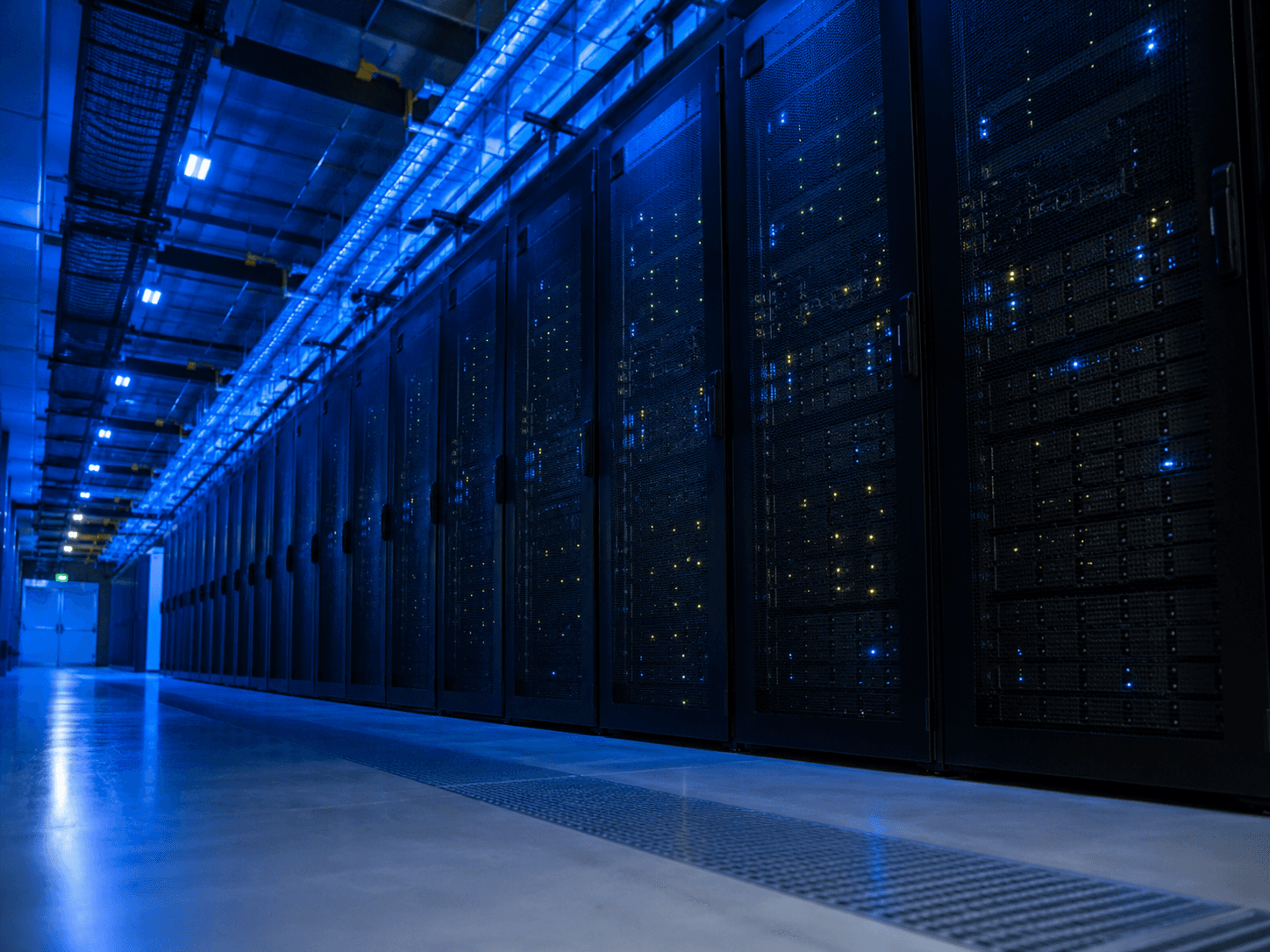 Modern data center with blue ambient lighting